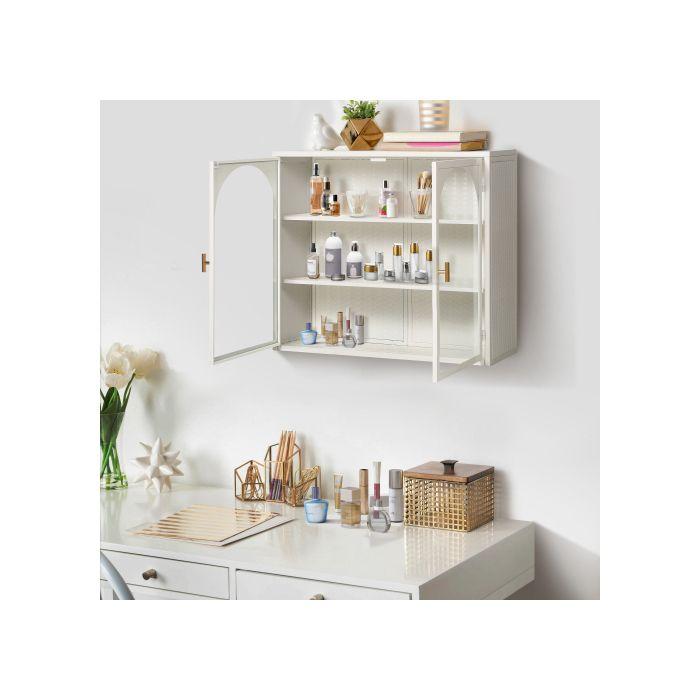 Armoire murale moderne à double porte avec portes vitrées de 70 cm, comprenant trois étagères de rangement, blanche.