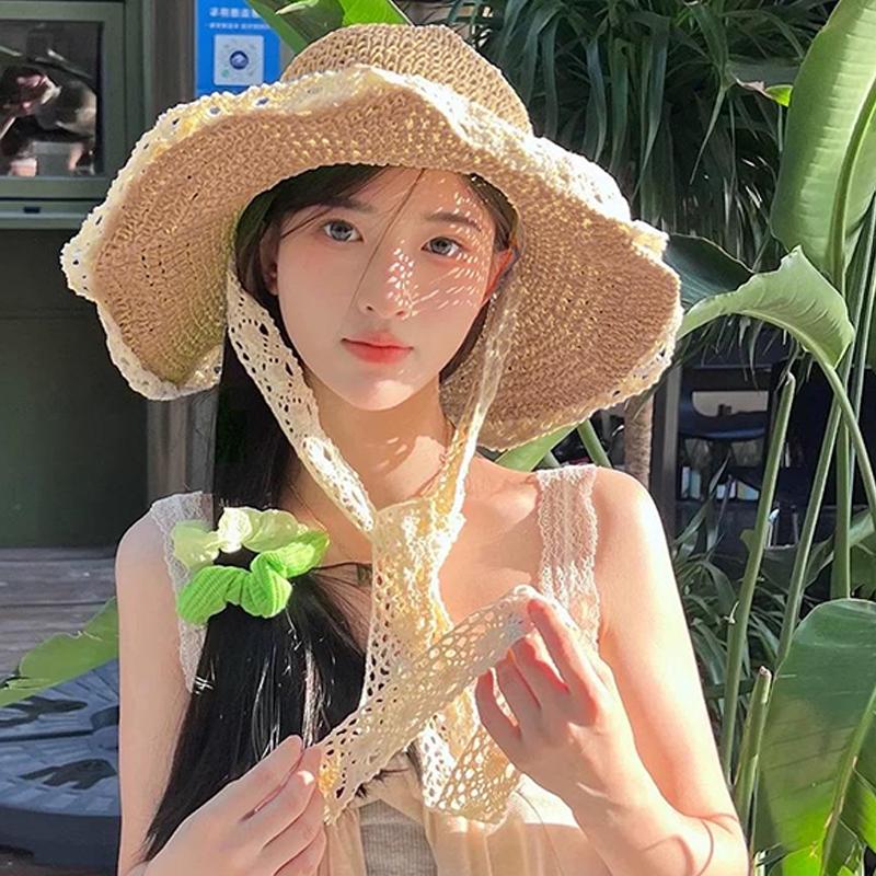 Кружевная кружевная соломенная шляпа для женщин, летняя пляжная выходная дышащая солнцезащитная шляпа с большими полями