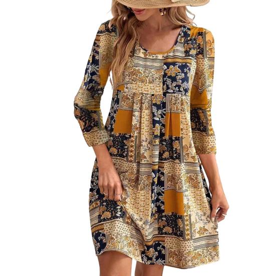 Женское весеннее платье в стиле ретро с этническим принтом, длинным рукавом и круглым вырезом, свободный пуловер, мягкий дышащий женский мини-платье длиной выше колена