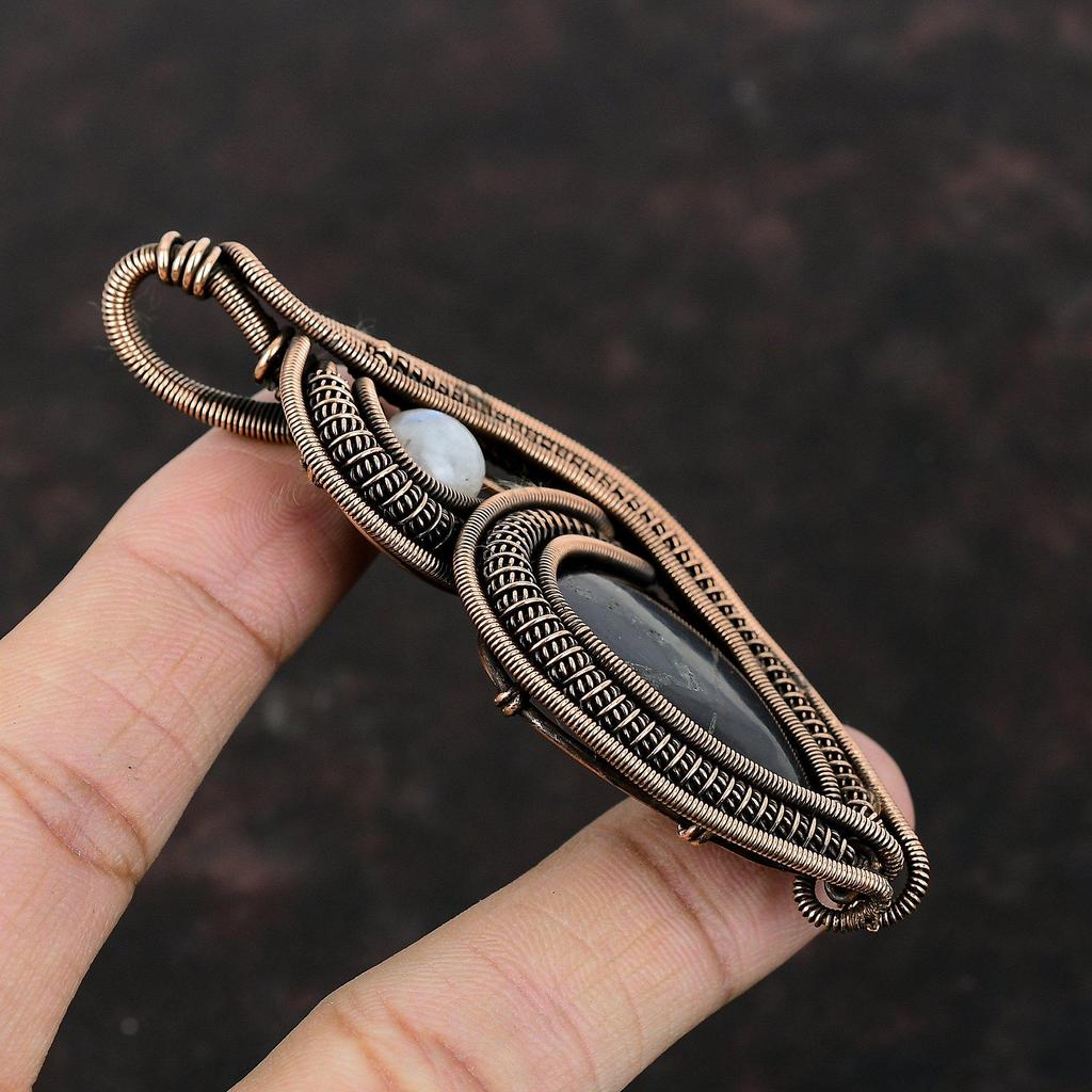 Подвеска из шунгита, медная проволочная обертка, подвеска из радужного лунного камня, ювелирные изделия из шунгита, подвеска из драгоценного камня ручной работы, медные ювелирные изделия для подарка