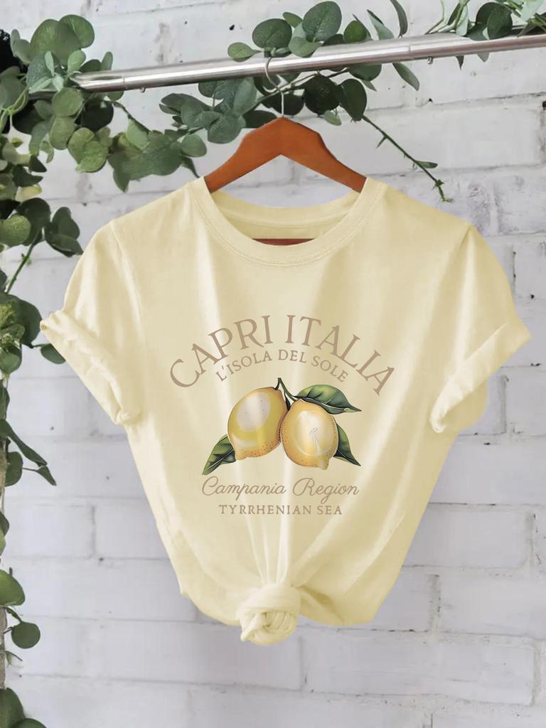 Женская футболка с короткими рукавами из чистого хлопка с принтом лимона, европейский и американский стиль, круглый вырез, летний дизайн