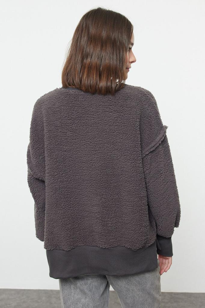 Женская модная стильная толстовка антрацитового плюша, непринужденная удобная удобная посадка с круглым вырезом, плюшевая вязаная толстовка