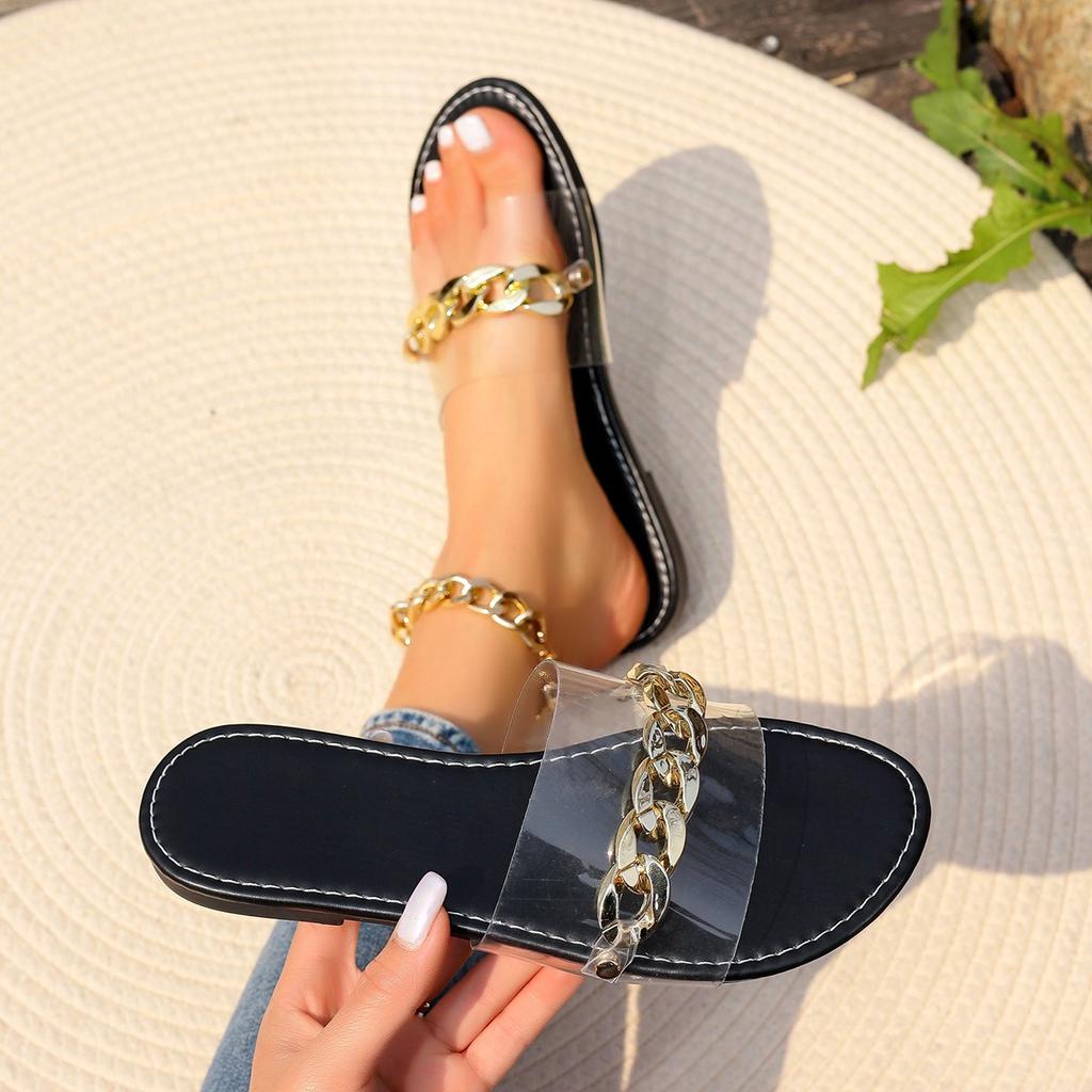 2024 Summer Women's Slippers Gold Chain Sandals Open Toe Flat Sandals Outdoor Beach Slides 2024 Flip Flops Plus Size Zapatillas