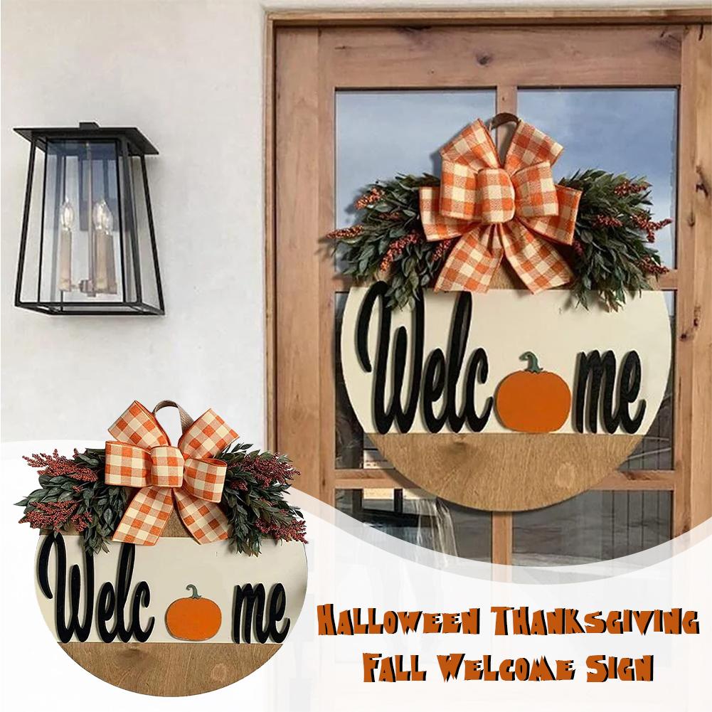 1pc Thanksgiving Welcome Door Sign Autumn Harvest Front Door Porch Decor Fall Wooden Hanging Decor For Rustic Farmhouse Welcome