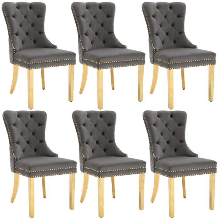 Chaises de salle à manger - MUVOE - Gris/Doré - Lot de 6 - Velours - Métal doré