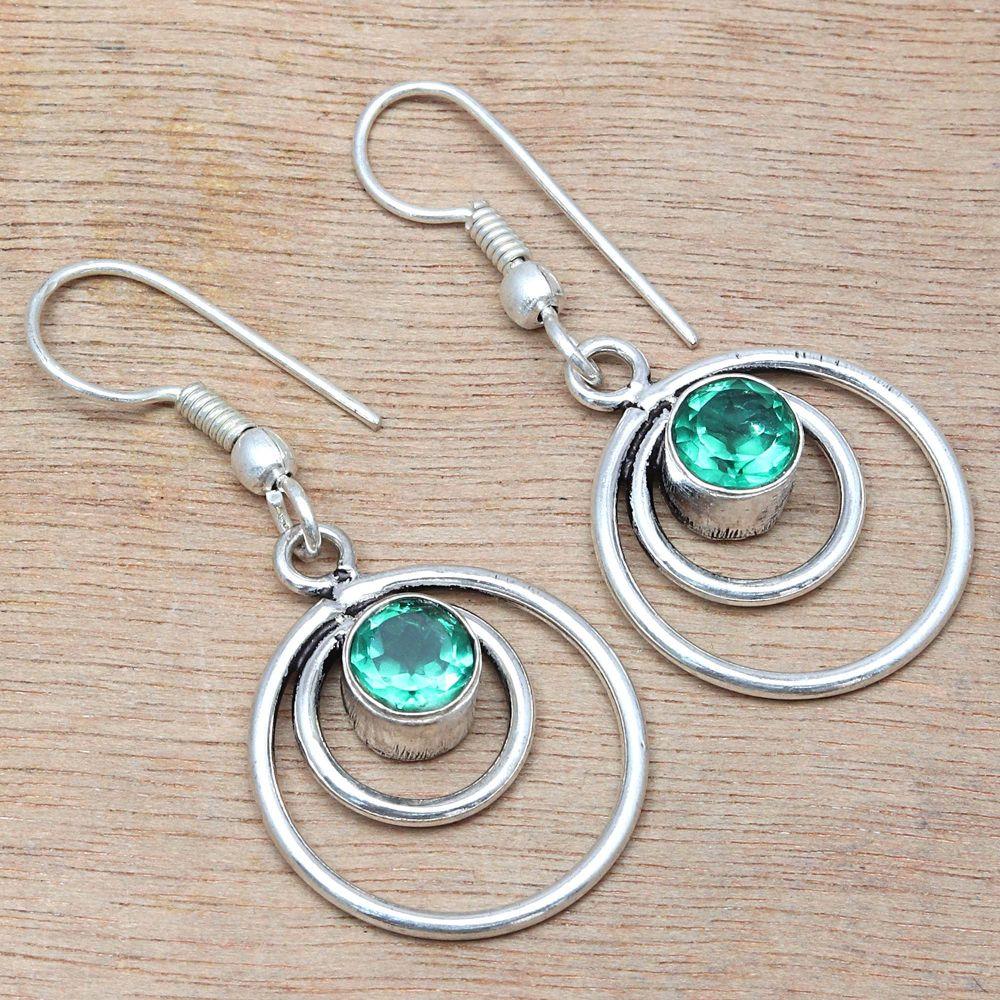 Emerald Quartz Gemstone Handmade Silver Jewelry Earrings 1.5''