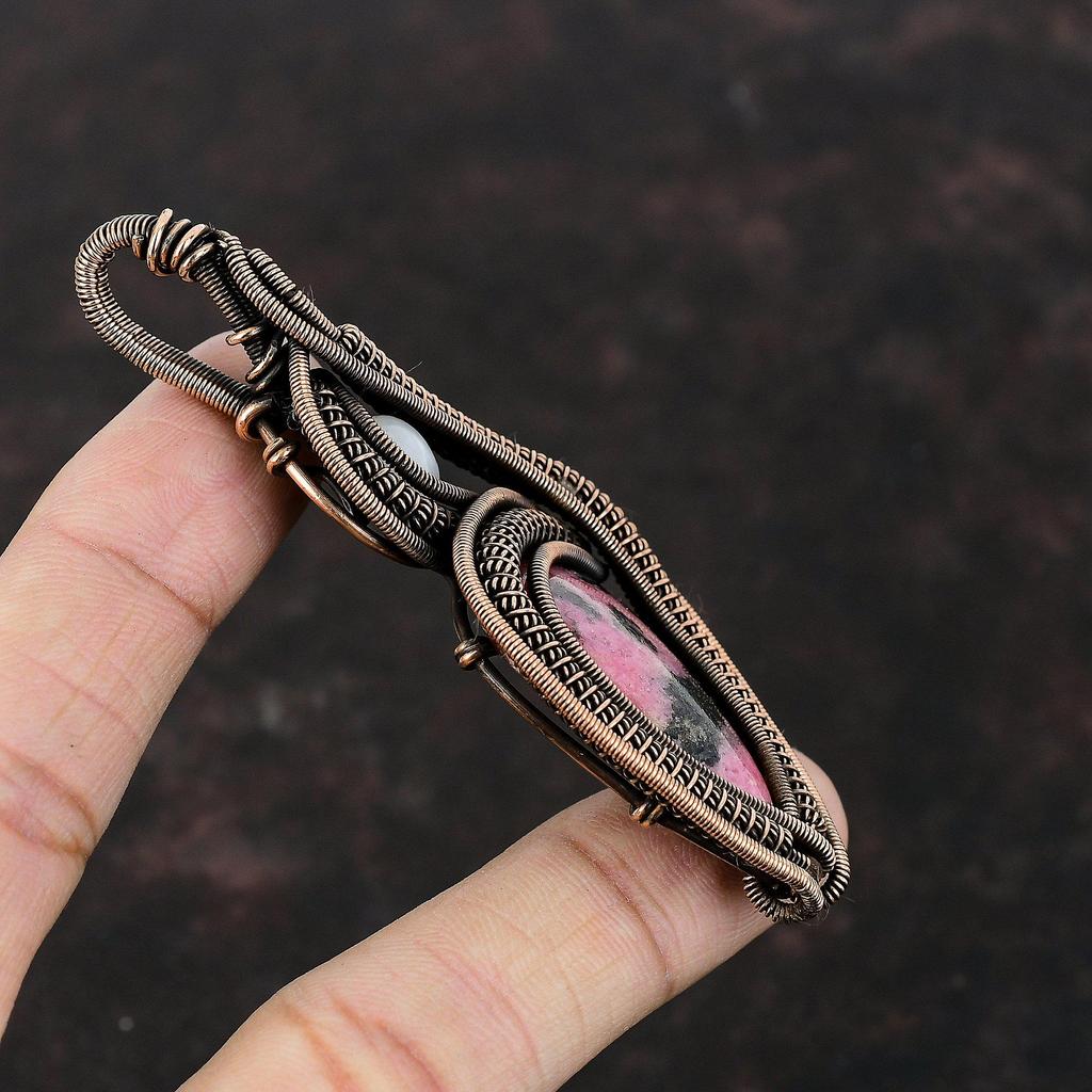 Подвеска из родонита, ювелирные изделия из медной проволоки, кулон ручной работы, радужные украшения из лунного камня, кулон из медной проволоки, ювелирные изделия из драгоценного камня, подарок для женщин