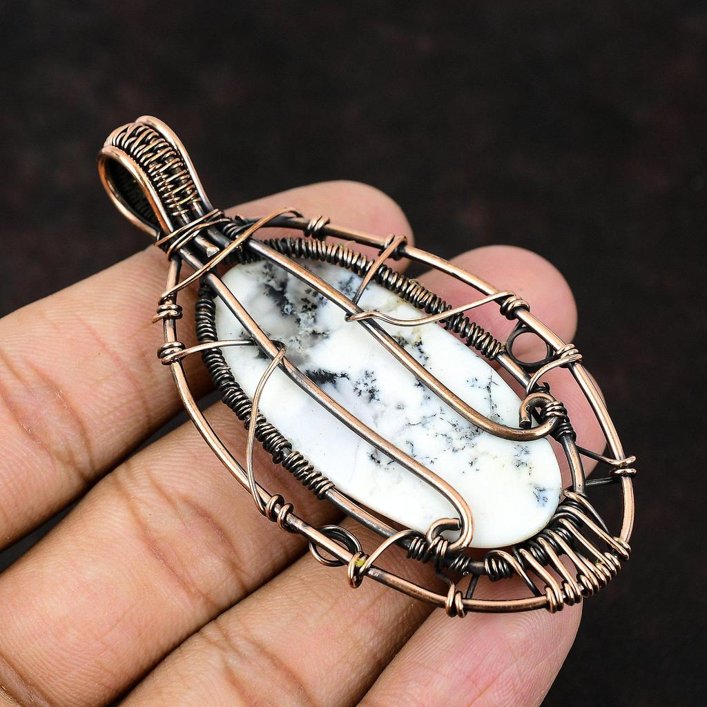 Подвеска из опала и дендрита «Дерево жизни», подвеска из драгоценного камня, подвеска из медной проволоки, дизайнерская подвеска из дендрита ручной работы, подарок другу