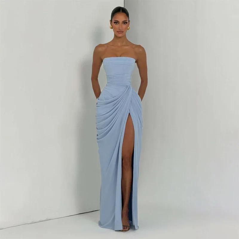 Solid Sexy Pleated Strapless Dress Women Chic Off-shoulder Backless High Waist Split Maxi Dresses 2026 New Evening Party Gown