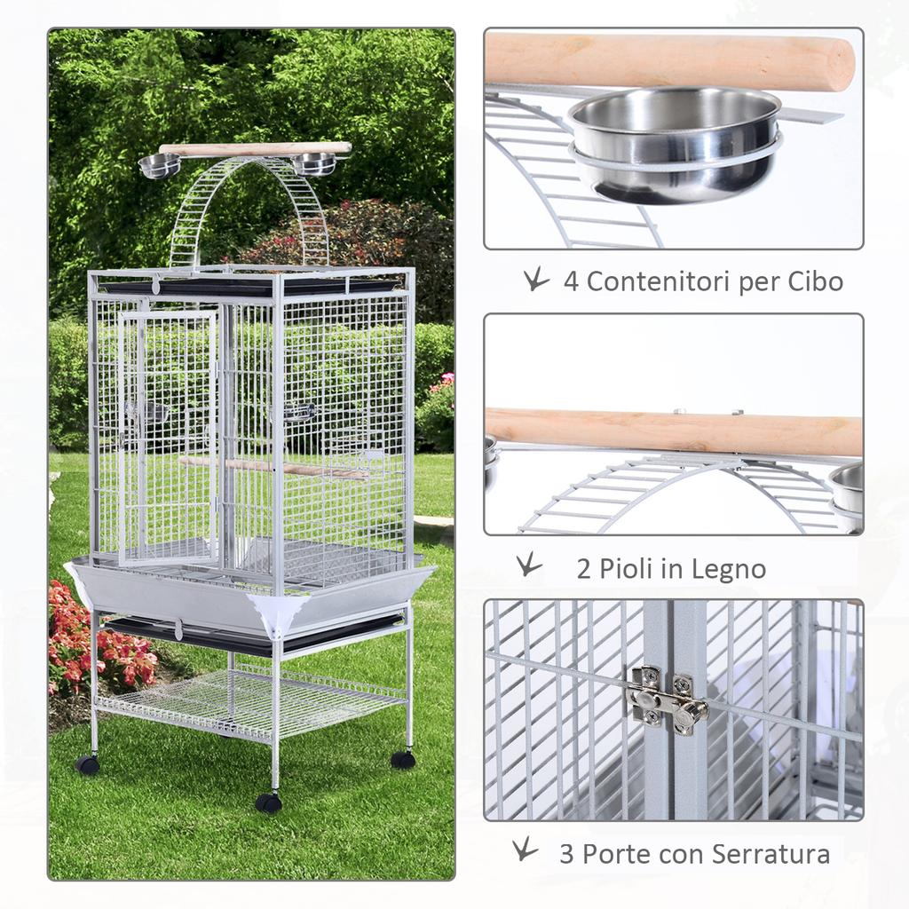 Bird Aviary with Wheels, Height 161.5cm, Steel Trays and Wooden Perches, Silver