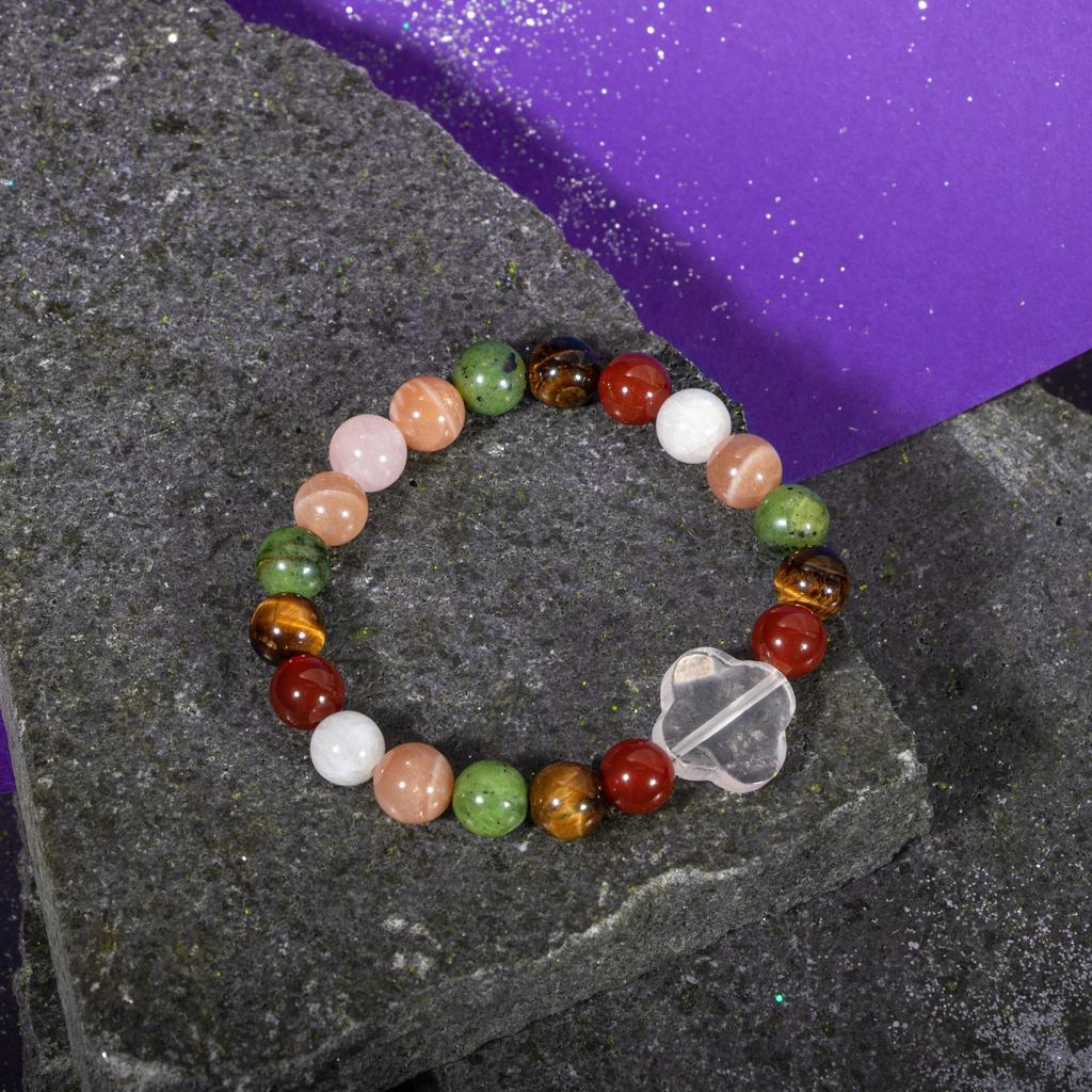 Браслет Близнецы Лунный камень, Солнечный камень, Тигровый глаз, Красный агат, Розовый кварц, Нефрит