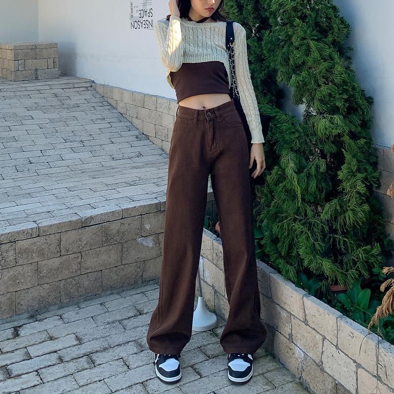 Коричневые джинсы женские с высокой талией мешковатые прямые широкие брюки повседневные джинсовые брюки винтажные Y2k Claothes уличная одежда больших размеров женская одежда