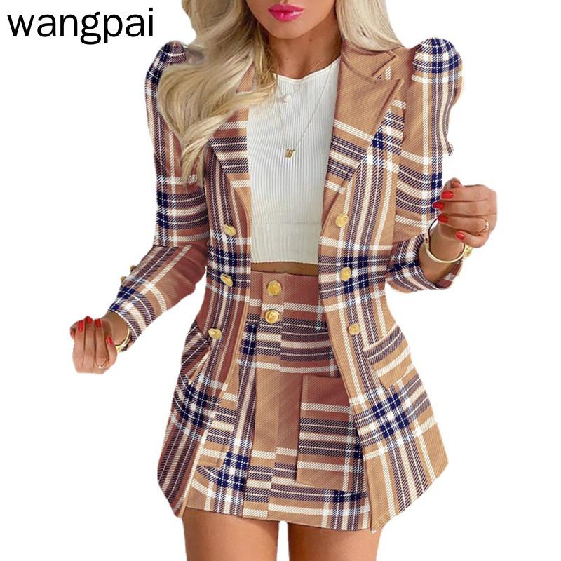 Женский осенне-зимний повседневный костюм с длинными рукавами, куртка с юбкой и принтом, комплект из двух предметов