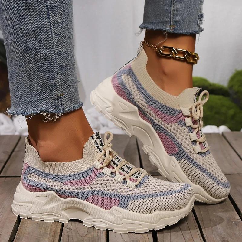 Мода 2024 года. Женская обувь на шнуровке. Женская вулканизированная обувь. Осенние разноцветные дышащие сетчатые повседневные спортивные удобные кроссовки для ходьбы.