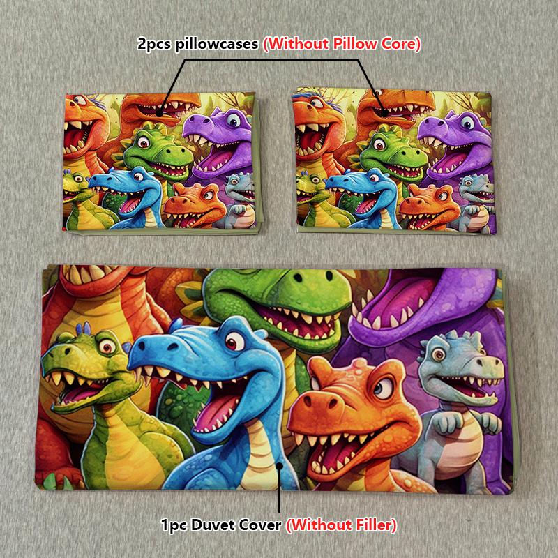 3Pc Cartoon Colorful Dinosaur Duvet Covers Comfortable Bedding Fabric Soft And Breathable Includ (Duvet Cover* 1+Pillowcases*2)