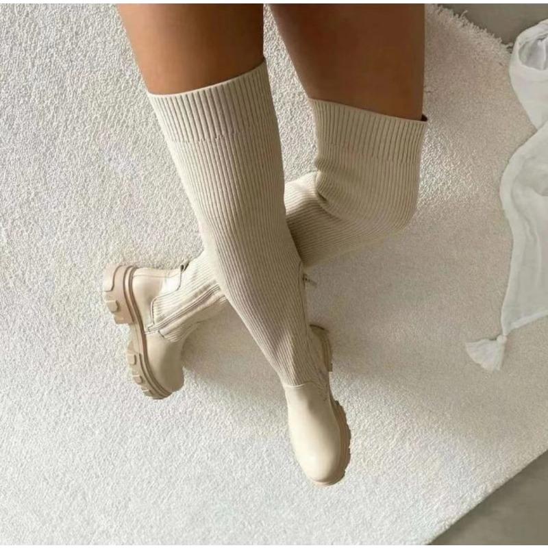 Женские ботинки на толстой подошве 2025 Осень-Зима Дышащие вязаные носки Женские ботфорты Стрейч Круглый носок Обувь Большой размер 43