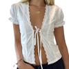 Women's Summer Casual Crop Tops White Short Sleeve Open Front Lace Tie Up T-shirt