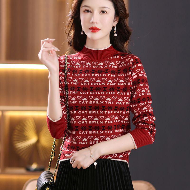 Женский свитер жаккардовой вязки с полуворотом 2024 года - Осень/Зима