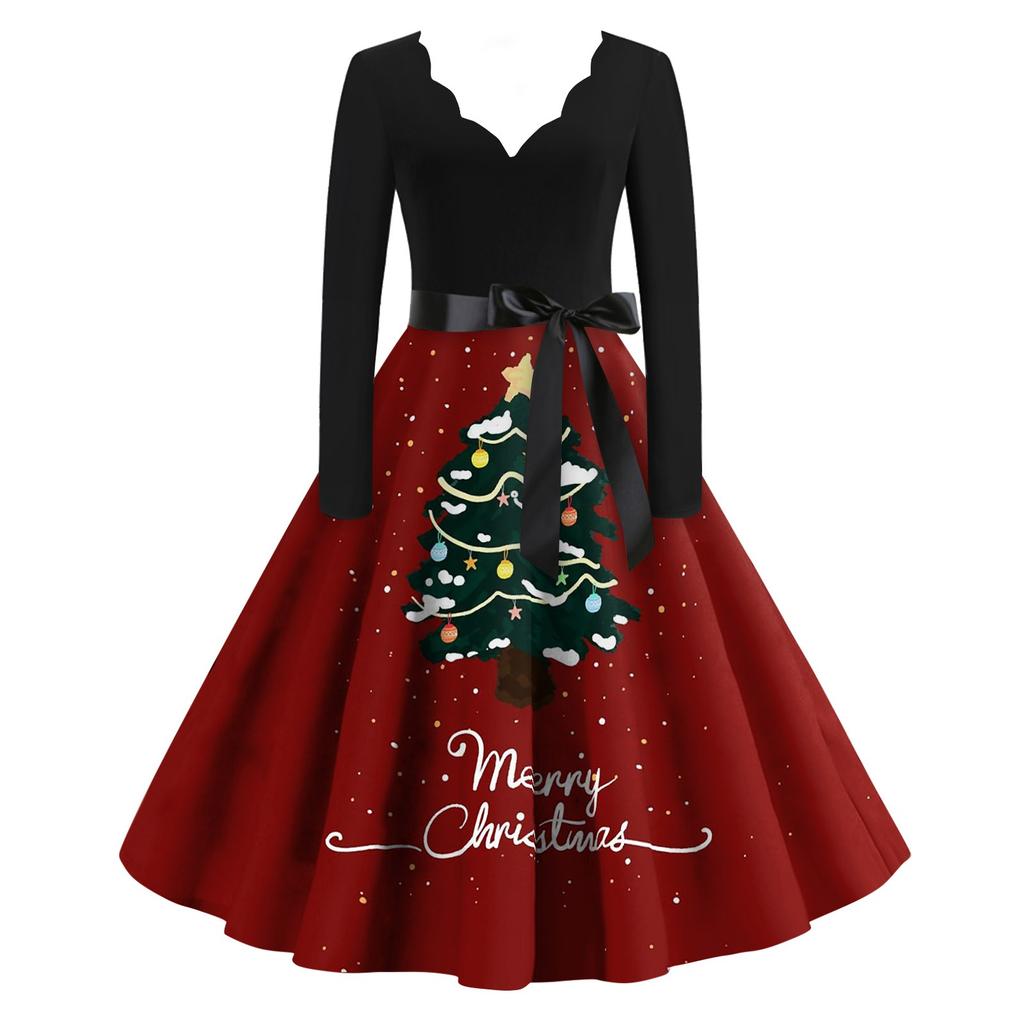 Женские рождественские повседневные модные винтажные платья с v-образным вырезом и длинными рукавами с принтом