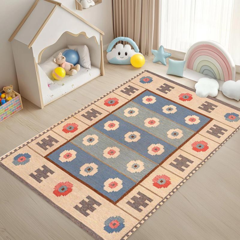 Boho Blue Kilim Kids Area Rug Traditional Tribal Animal Print NonSlip Floor Mat for Playroom Nursery Bedroom Cute Home Decor