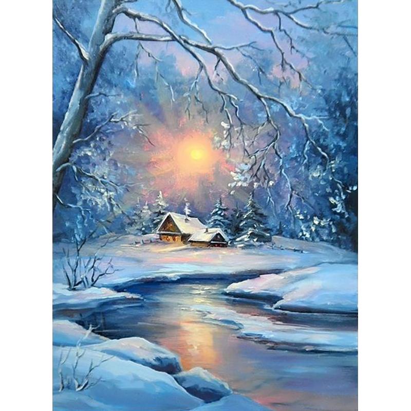 5D DIY алмазная живопись Зимний снежный пейзаж Пейзаж Полный Круглый Алмазный подарок Набор для вышивки крестом Мозаика Настенное искусство Домашний декор