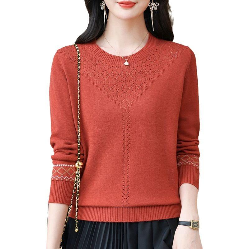 Тонкий вязаный свитер женский весенний пуловер свободного кроя модный материнский темперамент полый круглый вырез длинный рукав топ женский переднее плечо