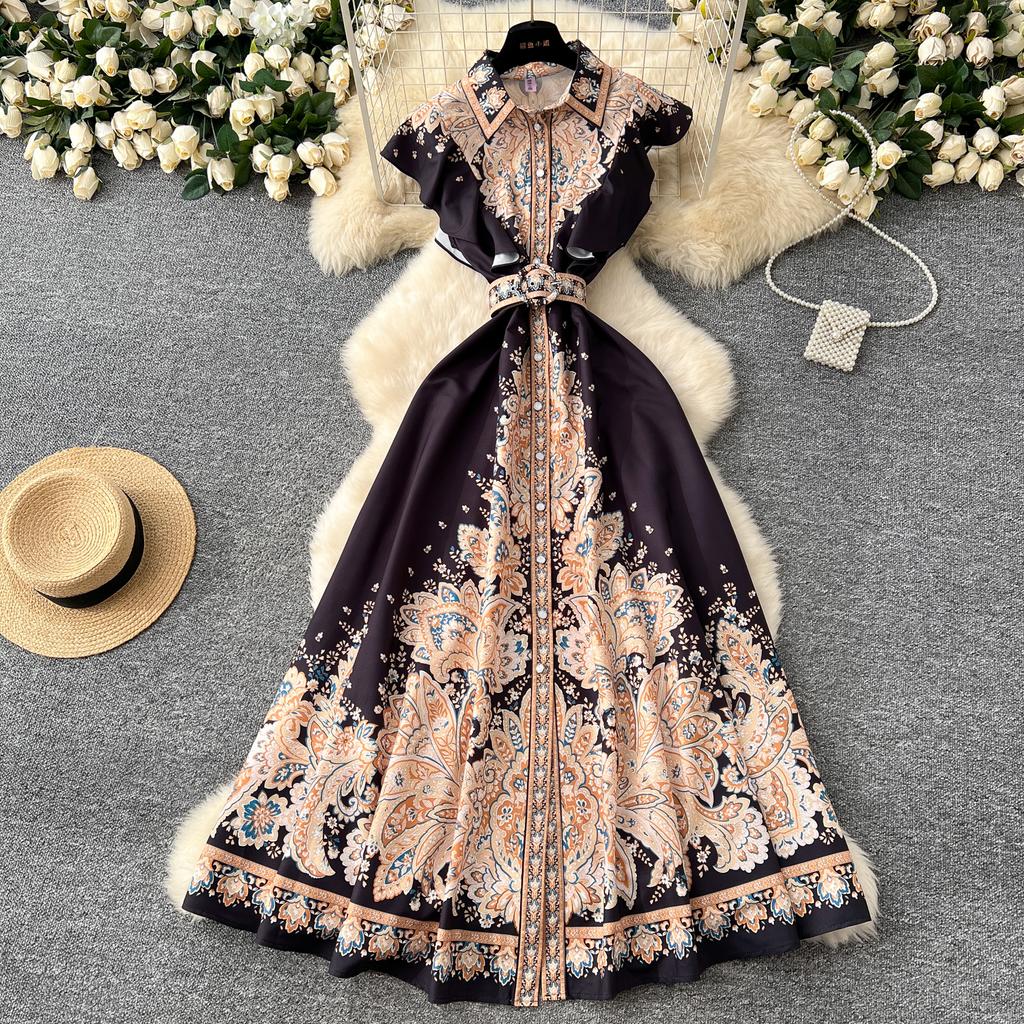 Chic Slim Single Breasted Elegant Sashes Print Vintage Dress Elegant High Street Korean Evening Dress