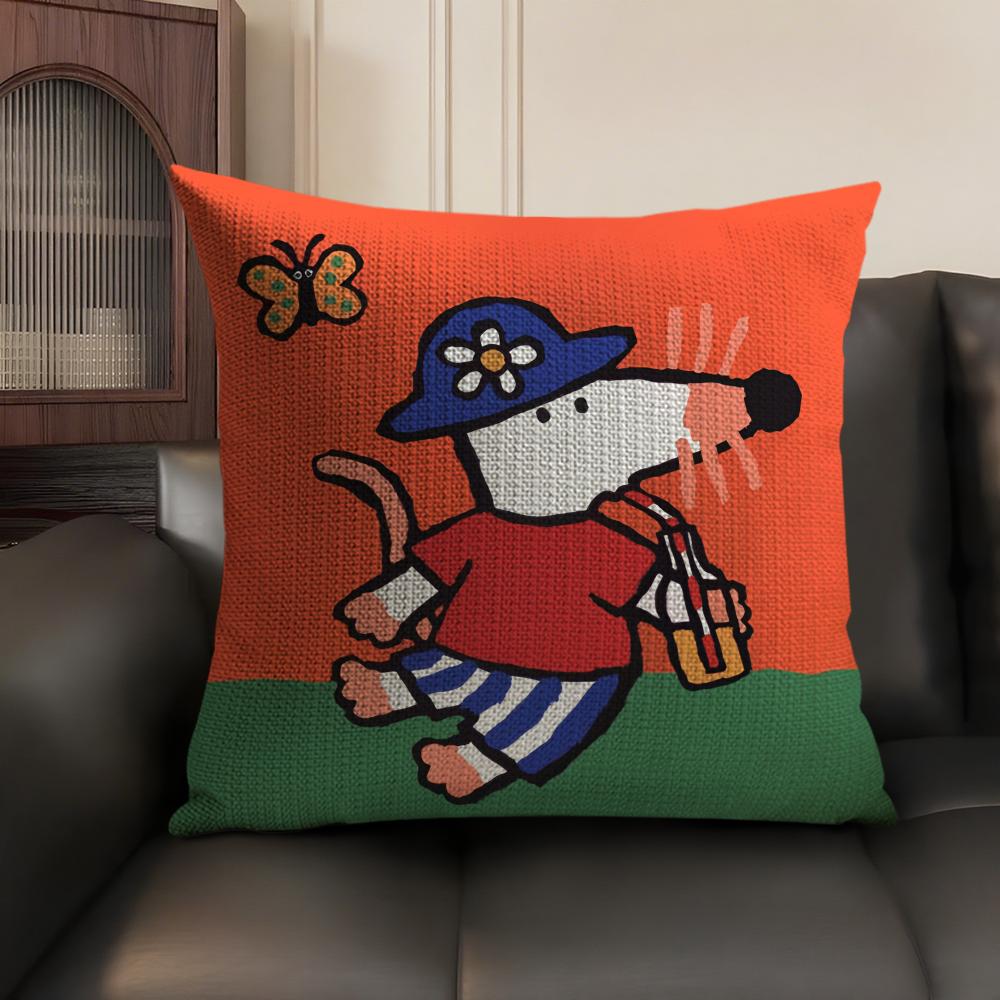 Cute Bobo the Mouse Cushion Cover Summer Breathable Linen Organic Fabric Double-Sided Printing Sofa Pillow Case Home Decor