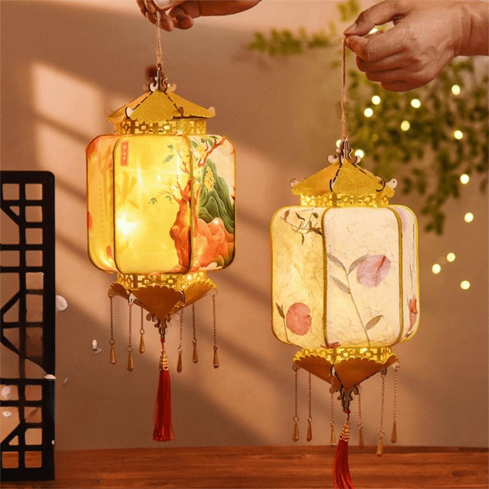 Glowing Mid-Autumn Festival Retro Lantern with Tassel Kindergarten Lantern Material Kit Gift