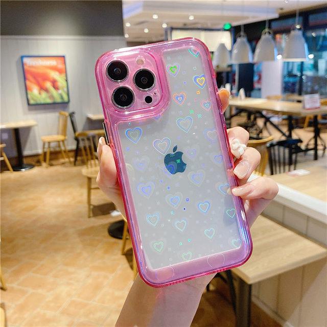 Ins Fashion Laser Love Heart Case для Iphone 13 12 11 Pro Max Xr X Xs 7 8plus яркий цвет противоударный HD прозрачный акриловый жесткий чехол