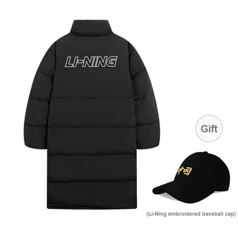 Li-Ning Sport Fashion Series Solid Color Stand Collar Loose Fit Drop Shoulder Warm Windproof Long Thick Zipper Down Jacket Men Outerwear AYMU273-1