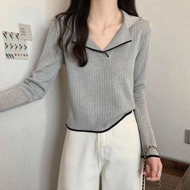 Polo Collar Pullover Knit Base Layer Top Women's Autumn Long Sleeve T-shirt Sweater Fall Clothing Spring Autumn Style