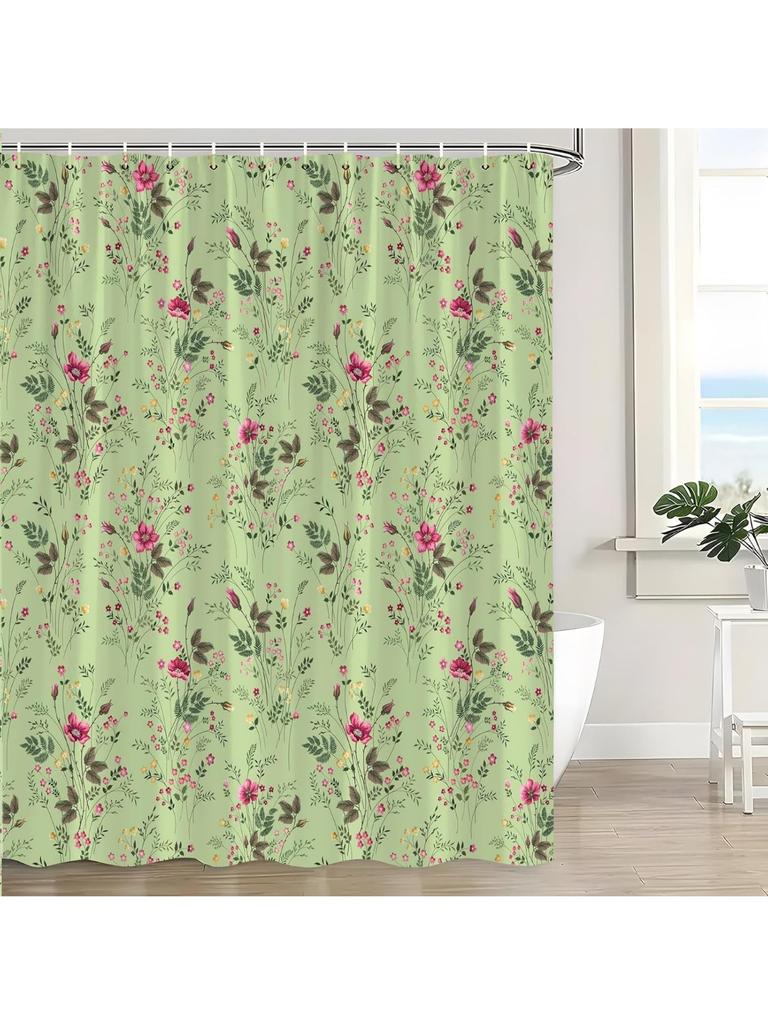 Sage Green Botanical Shower Curtain Floral Vintage Pink Flower Green Leaves Plant Watercolor Wildflower Herb Elegant Bath