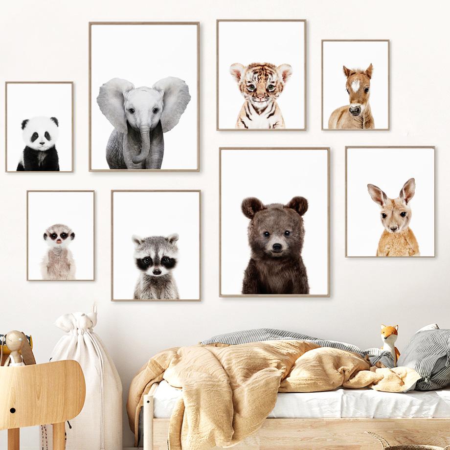 Слон, Лев, Медведь, Жираф, Панда, Тигр, Енот, настенная живопись, холст, картина с детенышем, постер для детей, декор для детской комнаты для мальчиков и девочек