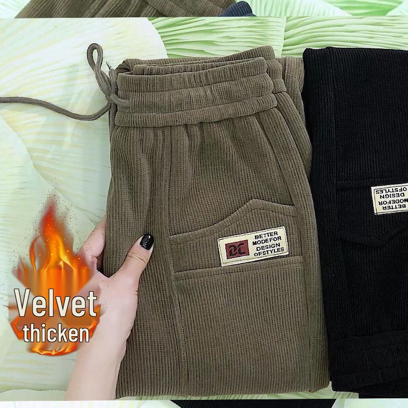 Женские европейские хлопковые велюровые утепленные спортивные штаны - Теплые брюки свободного кроя для осени/зимы 2024
