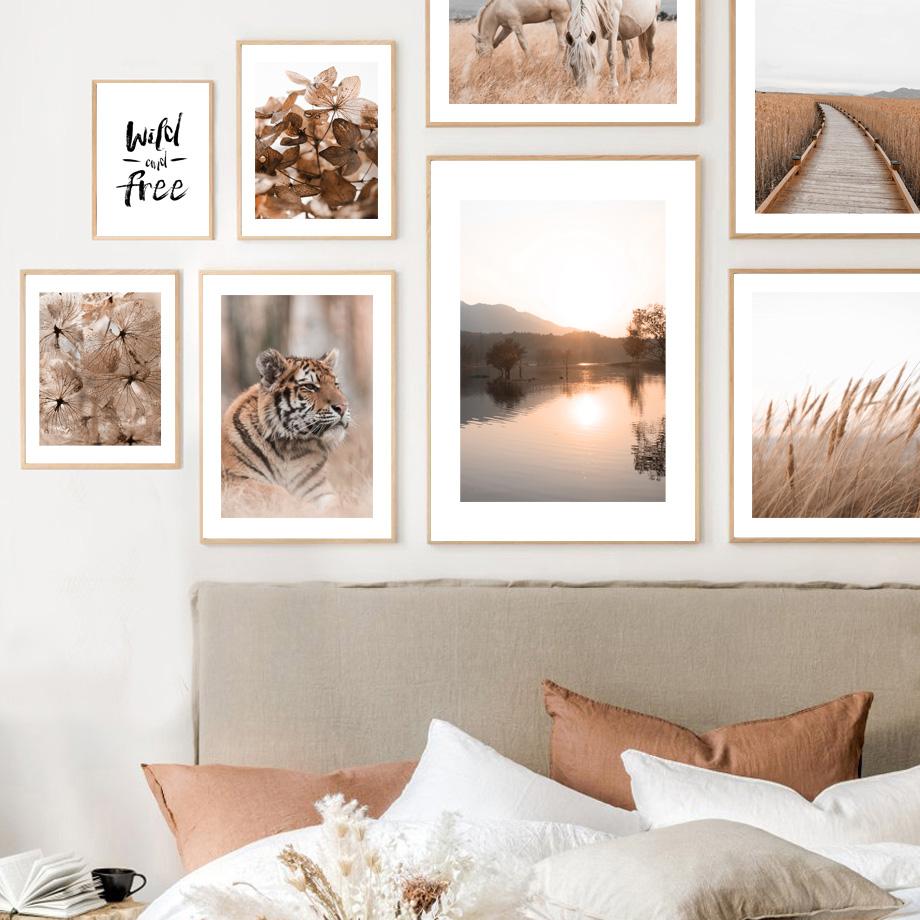 Горное спокойное озеро, тигр, лошадь, трава, сушеные цветы, настенные художественные принты, картина на холсте, скандинавский постер, Декор, фотографии для гостиной