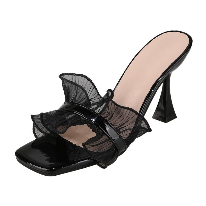 Pleated Lace Female Sandals Square Toe High Heeled Pumps Dress Party Shoes Women Summer Slides Shoes 2026 Plus Size34 40
