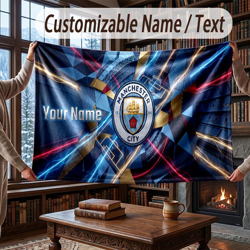 Custom Name Flannel Throw Blanket Manchester City Pattern Warm Home Decoration
