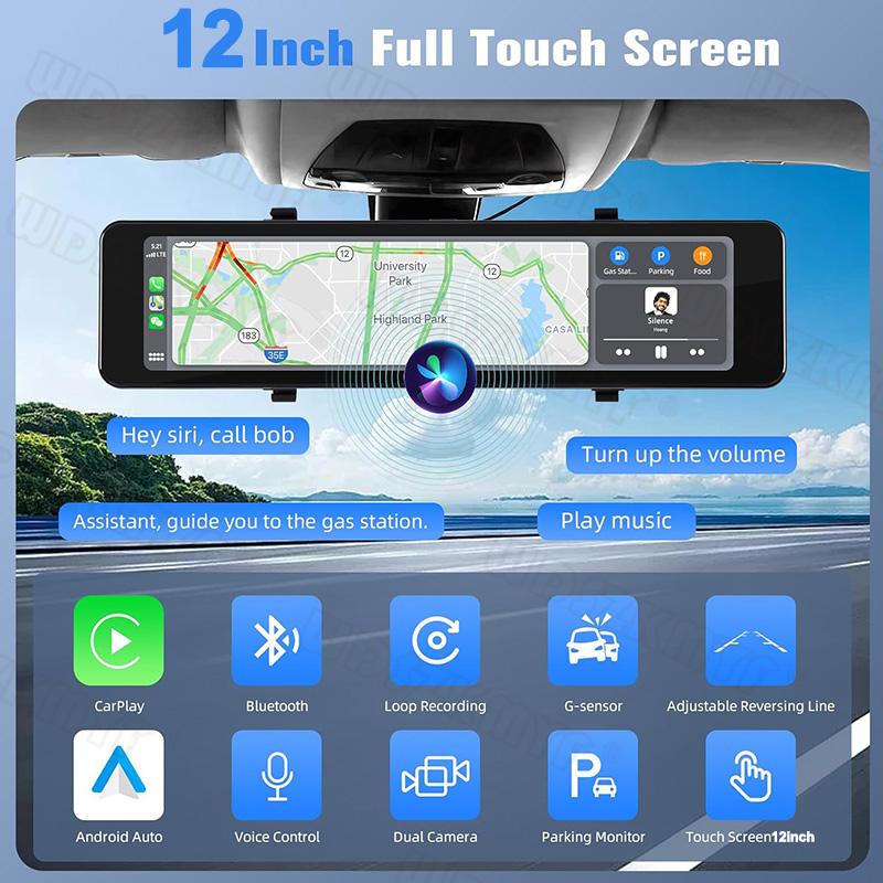 12inch Mirror Car DVR 4K Front and Rear Camera Wireless Carplay Android Auto Bluetooth FM Dash Cam for Car Camera for Vehicle