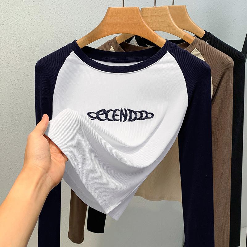 Женский осенне-зимний круглый вырез, контрастные цвета, длинный рукав, тонкий прошитый топ