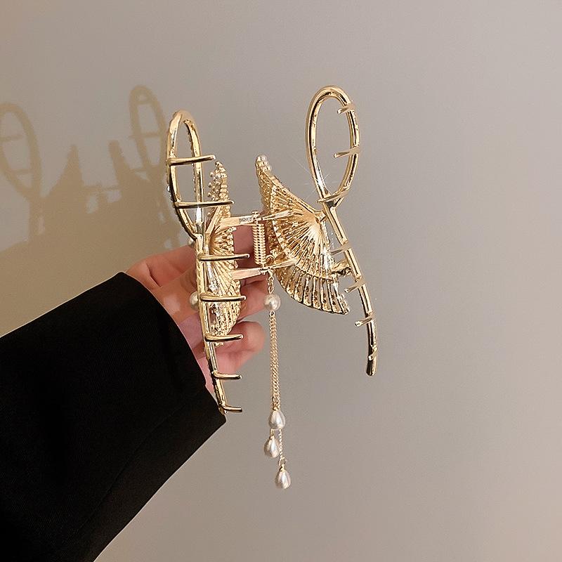 Заколка для волос в китайском стиле, инкрустированная бриллиантами, веер с кисточкой, имитация жемчуга, Интернет-знаменитости, легкие роскошные нишевые женские аксессуары для темперамента