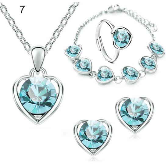 4 шт./компл. блестящее элегантное ожерелье, серьги, браслет, кольцо, регулируемый женский комплект ожерелья с подвеской в ​​виде сердца со стразами