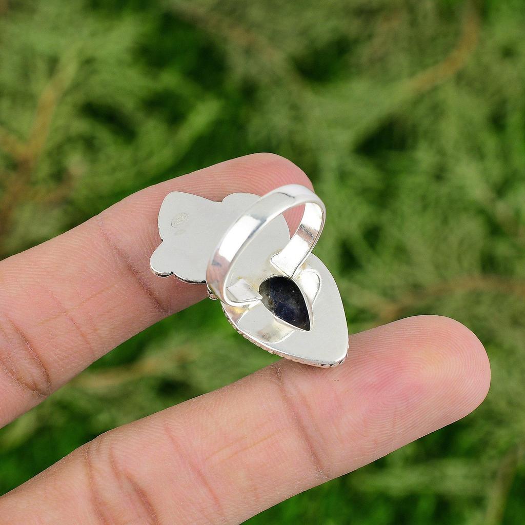 Натуральный Содалит Камень Штабелируемое Синее Кольцо Размер 7.5 Стерлинговое Серебро 925 пробы