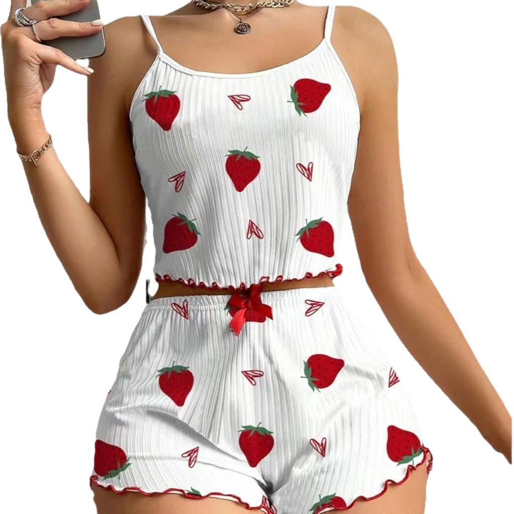 Strawberry Heart Print Women's Casual Camisole Shorts Set