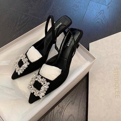 Осенние женские роскошные туфли на высоком каблуке со стразами, женские босоножки на каблуке, сексуальные туфли-лодочки с открытой пяткой, элегантные туфли с острым носком