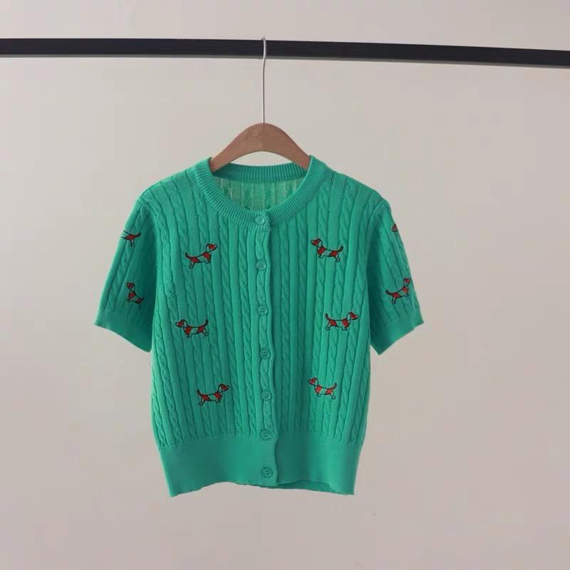 Летний женский дизайнерский свитер с круглым вырезом и коротким рукавом с вышивкой и рисунком, вязаный свитер с переплетением, кардиганы, топы для студенток колледжа