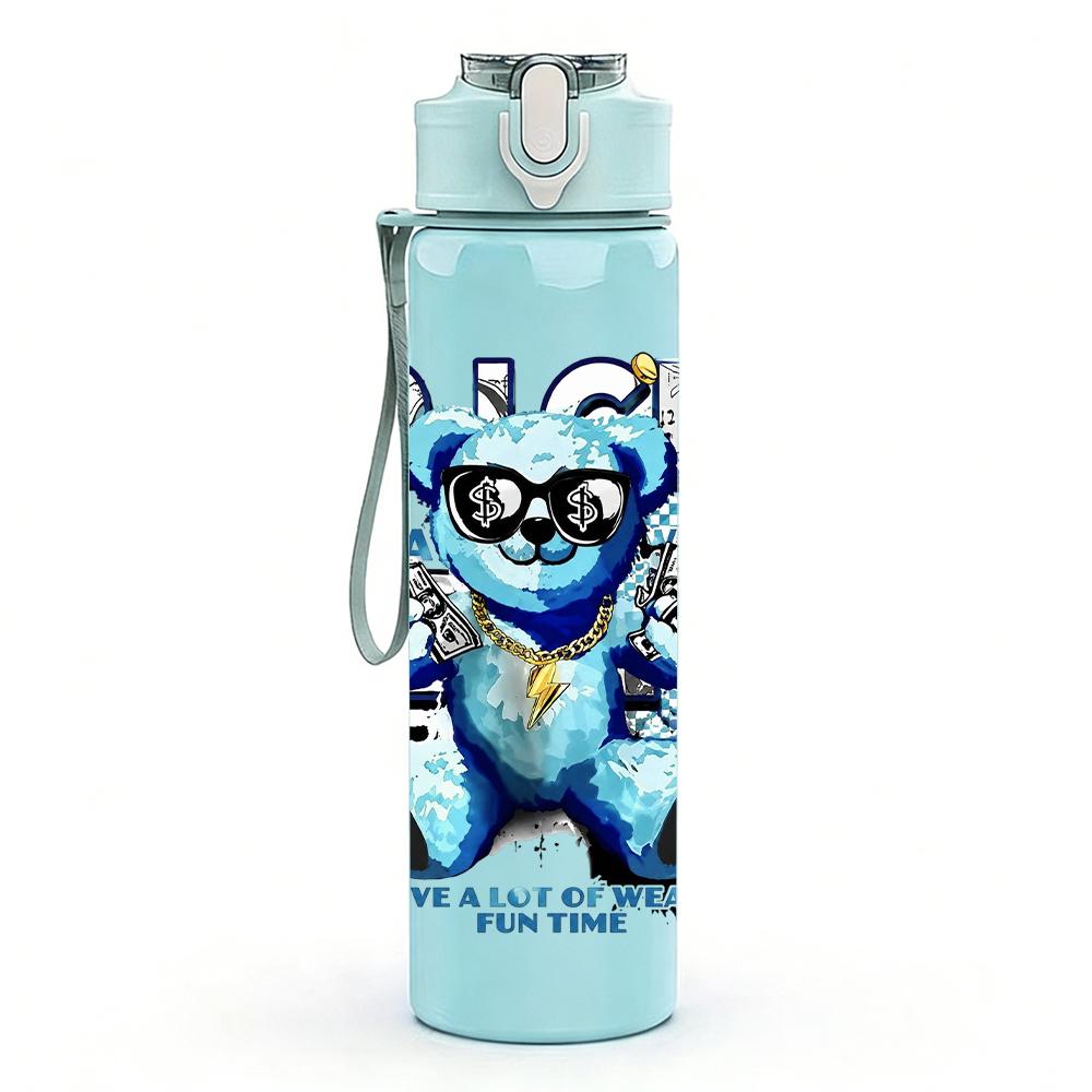 1PC Rich Blue Bear Glasses Portrait 750ml Color Plastic Water Bottle Leakproof Flip Straw Lid For Sports Office Home Use