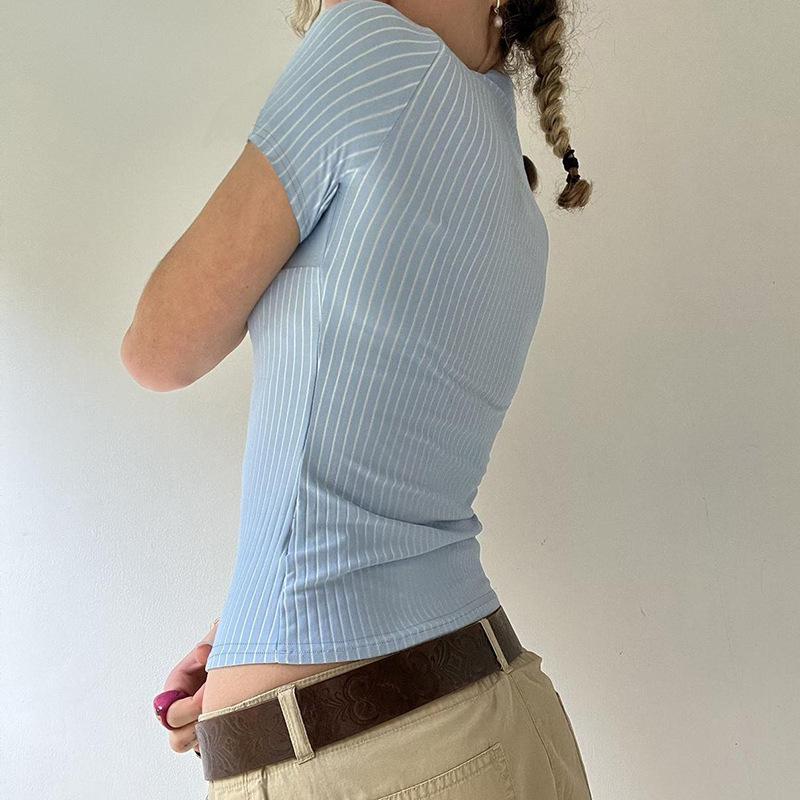 Полосатая рубашка с короткими рукавами, пуговицами, воротником-стойкой, простая повседневная футболка