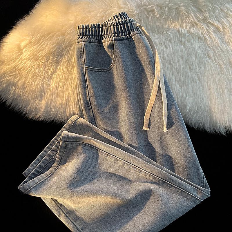 Women's Trendy Elastic Waist Wide-Leg Jeans - Loose, Lightweight, Drawstring Style for Spring & Summer 2023