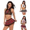 Naughty Sexy Schoolgirl Cosplay Women Lingerie Crop Tops with Plaid Skirt Thongs Set Adult Roleplay Sex Uniform Erotic Costumes